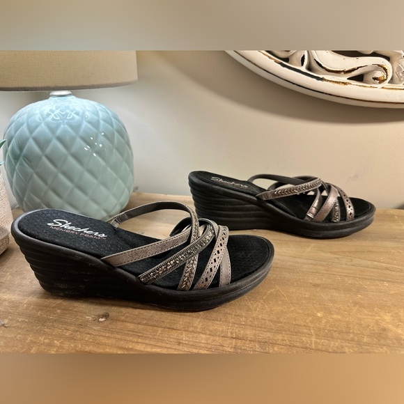 Skechers Women's Black and Silver Wedge Sandals - Picture 3 of 5